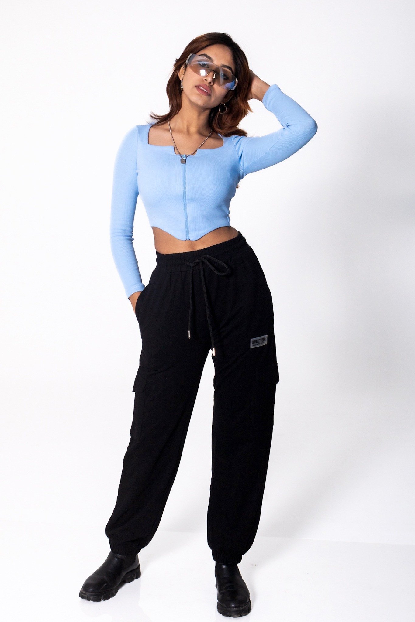 Full Sleeve ZIpper Crop Top blue